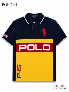 Polo Ralph Lauren Big Pony Custom Slim Fit Polo Shirt Colorblock USA Flag M